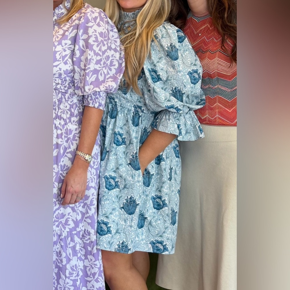 Hyacinth House | Teal Leafy Floral Smocked Larah Mini Dress | Size L - Picture 7 of 7